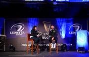 24 March 2023; Dave Kearney of Leinster speaks with Bebhinn Dunne of the OLSC during a Q&A in the Guinness Fanzone at the United Rugby Championship match between Leinster and DHL Stormers at the RDS Arena in Dublin. Photo by Harry Murphy/Sportsfile