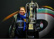 24 March 2023; Leinster supporter Jennith O'Hanlon poses for a photo with the Guinness Six Nation trophy at the United Rugby Championship match between Leinster and DHL Stormers at the RDS Arena in Dublin. Photo by Tyler Miller/Sportsfile