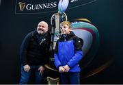 24 March 2023; Leinster supporters Kieran Hartigan and Liam Hartigan pose for a photo with the Guinness Six Nation trophy at the United Rugby Championship match between Leinster and DHL Stormers at the RDS Arena in Dublin. Photo by Tyler Miller/Sportsfile