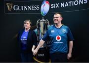 24 March 2023; Leinster supporters Alan Hand and Sandra O'Sullivan pose for a photo with the Guinness Six Nation trophy at the United Rugby Championship match between Leinster and DHL Stormers at the RDS Arena in Dublin. Photo by Tyler Miller/Sportsfile