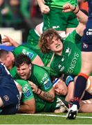 25 March 2023; Cian Prendergast of Connacht celebrates after teammate Jarrad Butler, not pictured, scored their side's fourth try during the United Rugby Championship match between Connacht and Edinburgh at the Sportsground in Galway. Photo by Brendan Moran/Sportsfile