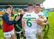 25 March 2023; Jason Sampson of Offaly, 6, celebrates with teammate Jack Clancy after the Allianz Hurling League Division 2A Semi-Final match between Offaly and Kerry at Glenisk O'Connor Park in Tullamore, Offaly. Photo by Matt Browne/Sportsfile