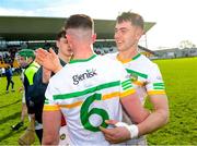 25 March 2023; Jason Sampson of Offaly, 6, celebrates with teammate Jack Clancy after the Allianz Hurling League Division 2A Semi-Final match between Offaly and Kerry at Glenisk O'Connor Park in Tullamore, Offaly. Photo by Matt Browne/Sportsfile