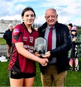 25 March 2023; Kate Fegan of Loreto College in presented with the Player of the Match award by Pat Quill, representing the LGFA, after the Lidl LGFA Post Primary Junior A Final match between Loreto College Cavan and St Mary's High School Midleton, Cork at the GAA National Games Development Centre in Abbotstown, Dublin. Photo by Ben McShane/Sportsfile