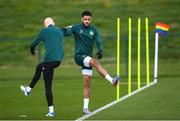 25 March 2023; Andrew Omobamidele and Will Smallbone, left, during a Republic of Ireland training session at the FAI National Training Centre in Abbotstown, Dublin. Photo by Stephen McCarthy/Sportsfile