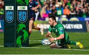 25 March 2023; Caolin Blade of Connacht scores his third and his side's sixth try during the United Rugby Championship match between Connacht and Edinburgh at the Sportsground in Galway. Photo by Brendan Moran/Sportsfile