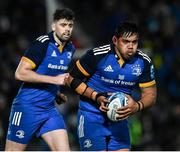 24 March 2023; Michael Ala'alatoa, right, and Harry Byrne of Leinster during the United Rugby Championship match between Leinster and DHL Stormers at the RDS Arena in Dublin. Photo by Harry Murphy/Sportsfile