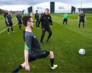 25 March 2023; Raymond Singleton of the Special Olympics Ireland Football Team with manager Stephen Kenny during a visit to a Republic of Ireland training session, held at the FAI National Training Centre in Abbotstown, Dublin, ahead of the Special Olympics World Games being held in Berlin, From 17 to 25 June 2023. Photo by Stephen McCarthy/Sportsfile