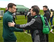 25 March 2023; Matt English of the Special Olympics Ireland with Seamus Coleman during a visit by the Special Olympics Ireland football team to a Republic of Ireland training session, held at the FAI National Training Centre in Abbotstown, Dublin, ahead of the Special Olympics World Games being held in Berlin, From 17 to 25 June 2023. Photo by Stephen McCarthy/Sportsfile