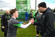 25 March 2023; Eamon Quinn of the Special Olympics Ireland Football Team meets coach John O'Shea during a visit to a Republic of Ireland training session, held at the FAI National Training Centre in Abbotstown, Dublin, ahead of the Special Olympics World Games being held in Berlin, From 17 to 25 June 2023. Photo by Stephen McCarthy/Sportsfile