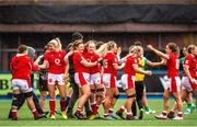 25 March 2023; Wales players celebrate after the TikTok Women's Six Nations Rugby Championship match between Wales and Ireland at Cardiff Arms Park in Cardiff, Wales. Photo by Mark Lewis/Sportsfile