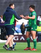 25 March 2023; Dave Heffernan of Connacht, right, celebrates with forwards coach Dewald Senekal after the United Rugby Championship match between Connacht and Edinburgh at the Sportsground in Galway. Photo by Brendan Moran/Sportsfile