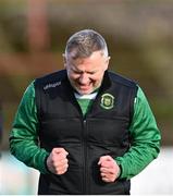 25 March 2023; Peamount United manager James O'Callaghan celebrates at full time in the SSE Airtricity Women's Premier Division match between Bohemians and Peamount United at Dalymount Park in Dublin. Photo by Stephen Marken/Sportsfile