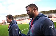 25 March 2023; Duane Vermeulen, right, and Jordi Murphy of Ulster before the United Rugby Championship match between Ulster and Vodacom Bulls at Kingspan Stadium in Belfast. Photo by Ramsey Cardy/Sportsfile
