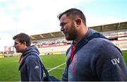 25 March 2023; Duane Vermeulen, right, and Jordi Murphy of Ulster before the United Rugby Championship match between Ulster and Vodacom Bulls at Kingspan Stadium in Belfast. Photo by Ramsey Cardy/Sportsfile