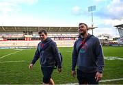 25 March 2023; Duane Vermeulen, right, and Jordi Murphy of Ulster before the United Rugby Championship match between Ulster and Vodacom Bulls at Kingspan Stadium in Belfast. Photo by Ramsey Cardy/Sportsfile