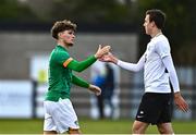 25 March 2023; Kevin Zefi of Republic of Ireland and Mihhail Kolobov of Estonia shake hands after the UEFA European Under-19 Championship Elite Round match between Republic of Ireland and Estonia at Ferrycarrig Park in Wexford. Photo by Sam Barnes/Sportsfile