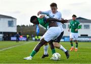 25 March 2023; James Abankwah of Republic of Ireland in action against Samuel Merilai of Estonia during the UEFA European Under-19 Championship Elite Round match between Republic of Ireland and Estonia at Ferrycarrig Park in Wexford. Photo by Sam Barnes/Sportsfile