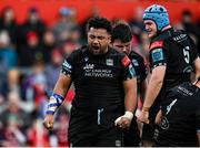25 March 2023; Sione Vailanu of Glasgow Warriors celebrates a scrum-penalty during the United Rugby Championship match between Munster and Glasgow Warriors at Thomond Park in Limerick. Photo by Harry Murphy/Sportsfile