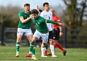 25 March 2023; Kevin Zefi of Republic of Ireland, right, celebrates with team-mate Edward McJannet after scoring his side's first goal, a penalty, during the UEFA European Under-19 Championship Elite Round match between Republic of Ireland and Estonia at Ferrycarrig Park in Wexford. Photo by Sam Barnes/Sportsfile