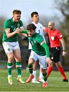 25 March 2023; Kevin Zefi of Republic of Ireland, right, celebrates with team-mate Edward McJannet after scoring his side's first goal, a penalty, during the UEFA European Under-19 Championship Elite Round match between Republic of Ireland and Estonia at Ferrycarrig Park in Wexford. Photo by Sam Barnes/Sportsfile