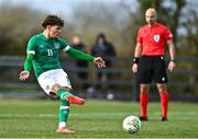 25 March 2023; Kevin Zefi of Republic of Ireland shoots to score his side's first goal, a penalty, during the UEFA European Under-19 Championship Elite Round match between Republic of Ireland and Estonia at Ferrycarrig Park in Wexford. Photo by Sam Barnes/Sportsfile