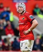 25 March 2023; Fineen Wycherley of Munster reacts during the United Rugby Championship match between Munster and Glasgow Warriors at Thomond Park in Limerick. Photo by Harry Murphy/Sportsfile