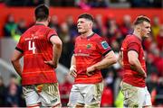 25 March 2023; Munster players, from left, Jean Kleyn, Jack O'Donoghue and Gavin Coombes react during the United Rugby Championship match between Munster and Glasgow Warriors at Thomond Park in Limerick. Photo by Harry Murphy/Sportsfile