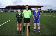 25 March 2023; Referee Patrick Smith with Dunmore Community School captain Amy O'Connor, left, and Presentation Secondary School Milltown captain Aideen O'Brien before the Lidl LGFA Post Primary Junior C Final match between Dunmore Community School, Galway, and Presentation Secondary School Milltown, Kerry at Fethard Town Park in Tipperary. Photo by Michael P Ryan/Sportsfile