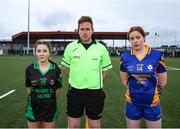 25 March 2023; Referee Patrick Smith with Dunmore Community School captain Amy O'Connor, left, and Presentation Secondary School Milltown captain Aideen O'Brien before the Lidl LGFA Post Primary Junior C Final match between Dunmore Community School, Galway, and Presentation Secondary School Milltown, Kerry at Fethard Town Park in Tipperary. Photo by Michael P Ryan/Sportsfile