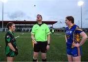 25 March 2023; Referee Patrick Smith performs the coin toss with Dunmore Community School captain Amy O'Connor, left, and Presentation Secondary School Milltown captain Aideen O'Brien during the Lidl LGFA Post Primary Junior C Final match between Dunmore Community School, Galway, and Presentation Secondary School Milltown, Kerry at Fethard Town Park in Tipperary. Photo by Michael P Ryan/Sportsfile