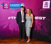 25 March 2023; Róisin McCormick of Loughgiel Shamrocks, Antrim with her partner Donall Kearney on arrival to the AIB Camogie Club Player Awards 2023 at Croke Park in Dublin. Photo by David Fitzgerald/Sportsfile