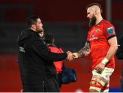 25 March 2023; RG Snyman of Munster shakes hands with Zander Fagerson of Glasgow Warriors after the United Rugby Championship match between Munster and Glasgow Warriors at Thomond Park in Limerick. Photo by Harry Murphy/Sportsfile