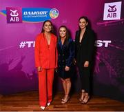 25 March 2023; On arrival are sisters, from left, Orla, Siobhan and Niamh McGrath of Sarsfields, Galway to the AIB Camogie Club Player Awards 2023 at Croke Park in Dublin. Photo by David Fitzgerald/Sportsfile