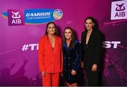 25 March 2023; On arrival are sisters, from left, Orla, Siobhan and Niamh McGrath of Sarsfields, Galway to the AIB Camogie Club Player Awards 2023 at Croke Park in Dublin. Photo by David Fitzgerald/Sportsfile