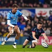 25 March 2023; Mike Lowry of Ulster in action against David Kriel of Vodacom Bulls during the United Rugby Championship match between Ulster and Vodacom Bulls at Kingspan Stadium in Belfast. Photo by Ramsey Cardy/Sportsfile