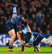 25 March 2023; Marco van Staden of Vodacom Bulls is tackled by Jeffrey Toomaga-Allen, left, and Nick Timoney of Ulster during the United Rugby Championship match between Ulster and Vodacom Bulls at Kingspan Stadium in Belfast. Photo by Ramsey Cardy/Sportsfile