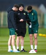 24 March 2023; Andrew Morrissey, STATSports analyst, with Troy Parrott, left, and John Egan, right, during a Republic of Ireland training session at the FAI National Training Centre in Abbotstown, Dublin. Photo by Stephen McCarthy/Sportsfile