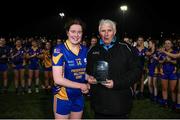25 March 2023; Aideen O'Brien of Presentation Secondary School Milltown in presented with the Player of the Match award by Liam Shinnick, representing the LGFA after the Lidl LGFA Post Primary Junior C Final match between Dunmore Community School, Galway, and Presentation Secondary School Milltown, Kerry at Fethard Town Park in Tipperary. Photo by Michael P Ryan/Sportsfile