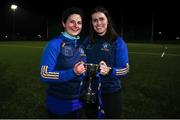 25 March 2023; Presentation Secondary School Milltown manager's Jane O'Shea, left, and Niamh Moriaiarty celebrate with the trophy after the Lidl LGFA Post Primary Junior C Final match between Dunmore Community School, Galway, and Presentation Secondary School Milltown, Kerry at Fethard Town Park in Tipperary. Photo by Michael P Ryan/Sportsfile