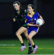 25 March 2023; Lily Clifford of Presentation Secondary School Milltown in action against Megan Healy of Dunmore Community School in action against / during the Lidl LGFA Post Primary Junior C Final match between Dunmore Community School, Galway, and Presentation Secondary School Milltown, Kerry at Fethard Town Park in Tipperary. Photo by Michael P Ryan/Sportsfile