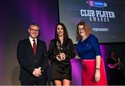 25 March 2023; Mary Leacy of Oulart The Ballagh, Wexford is presented with her 2021/22 Team of the Year award by Uachtarán an Cumann Camógaíochta Hilda Breslin, right, and Chief Marketing Officer of AIB, Mark Doyle during the AIB Camogie Club Player Awards 2023 at Croke Park in Dublin. Photo by David Fitzgerald/Sportsfile