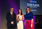 25 March 2023; Tina Bradley of Slaughtneil, Derry is presented with her 2021/22 Team of the Year award by Uachtarán an Cumann Camógaíochta Hilda Breslin, right, and Chief Marketing Officer of AIB, Mark Doyle during the AIB Camogie Club Player Awards 2023 at Croke Park in Dublin. Photo by David Fitzgerald/Sportsfile