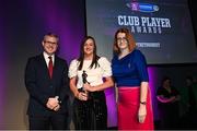 25 March 2023; Shelley Kehoe of Oulart The Ballagh, Wexford is presented with her 2021/22 Team of the Year award by Uachtarán an Cumann Camógaíochta Hilda Breslin, right, and Chief Marketing Officer of AIB, Mark Doyle during the AIB Camogie Club Player Awards 2023 at Croke Park in Dublin. Photo by David Fitzgerald/Sportsfile