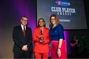 25 March 2023; Orlaith McGrath of Sarsfields, Galway is presented with her 2021/22 Team of the Year award by Uachtarán an Cumann Camógaíochta Hilda Breslin, right, and Chief Marketing Officer of AIB, Mark Doyle during the AIB Camogie Club Player Awards 2023 at Croke Park in Dublin. Photo by David Fitzgerald/Sportsfile