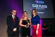 25 March 2023; Caoimhe Bourke of Drom & Inch, Tipperary is presented with her 2021/22 Munster Provincial Player of the Year award by Uachtarán an Cumann Camógaíochta Hilda Breslin, right, and Chief Marketing Officer of AIB, Mark Doyle during the AIB Camogie Club Player Awards 2023 at Croke Park in Dublin. Photo by David Fitzgerald/Sportsfile