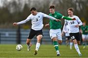 25 March 2023; Kristofer Käit of Estonia in action against Thomas Lonergan of Republic of Ireland during the UEFA European Under-19 Championship Elite Round match between Republic of Ireland and Estonia at Ferrycarrig Park in Wexford. Photo by Sam Barnes/Sportsfile