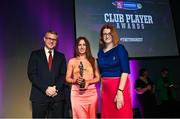 25 March 2023; Tara Kenny of Sarsfields, Galway is presented with her 2022/23 Team of the Year award by Uachtarán an Cumann Camógaíochta Hilda Breslin, right, and Chief Marketing Officer of AIB, Mark Doyle during the AIB Camogie Club Player Awards 2023 at Croke Park in Dublin. Photo by David Fitzgerald/Sportsfile