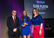 25 March 2023; Laura Glynn of Sarsfields, Galway is presented with her 2022/23 Team of the Year award by Uachtarán an Cumann Camógaíochta Hilda Breslin, right, and Chief Marketing Officer of AIB, Mark Doyle during the AIB Camogie Club Player Awards 2023 at Croke Park in Dublin. Photo by David Fitzgerald/Sportsfile