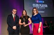 25 March 2023; Aine Woods of St Vincents, Dublin is presented with her 2022/23 Team of the Year award by Uachtarán an Cumann Camógaíochta Hilda Breslin, right, and Chief Marketing Officer of AIB, Mark Doyle during the AIB Camogie Club Player Awards 2023 at Croke Park in Dublin. Photo by David Fitzgerald/Sportsfile
